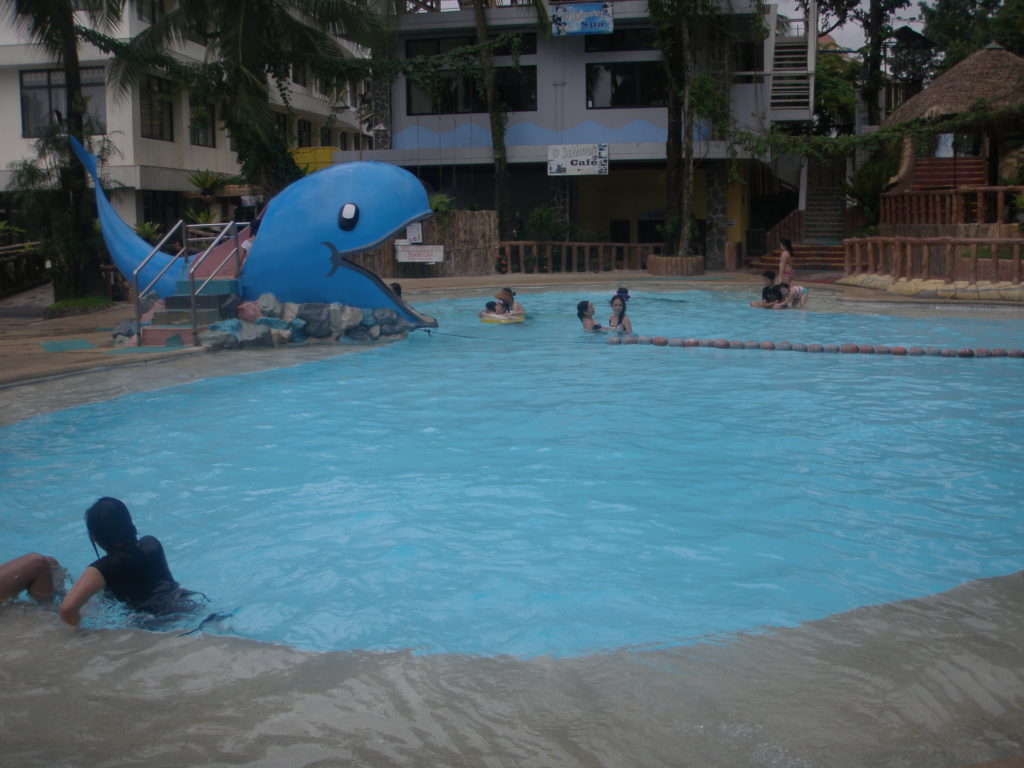 9 waves cafe beside a swimming pool with a blue whale slide