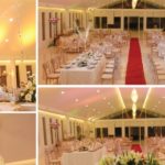 Event venue decorated with elegant white flowers and white ambient lights